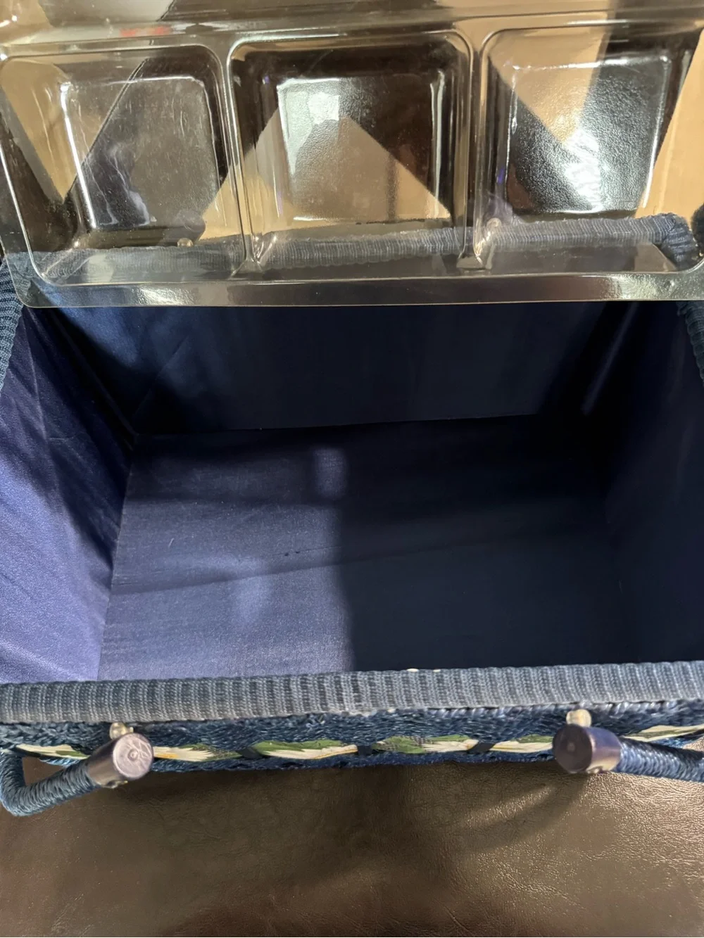 Vtg Wicker Sewing Basket Blue With Sunflowers Storage Box With Handle